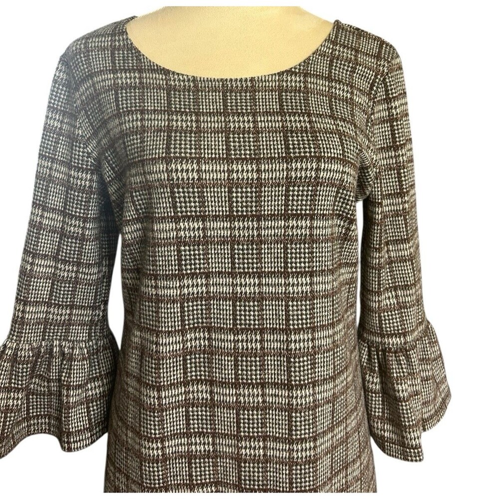 Nina Leonard Womens S Plaid Brown Gray 3/4 Balloon Sleeves Shift Stretch Dress - Picture 2 of 9